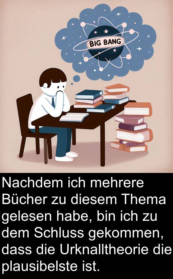 Nachdem: Nachdem ich mehrere Bücher zu diesem Thema gelesen habe, bin ich zu dem Schluss gekommen, dass die Urknalltheorie die plausibelste ist.