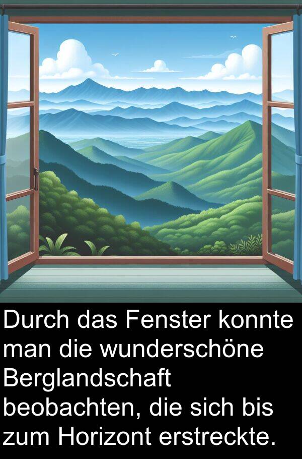 erstreckte: Durch das Fenster konnte man die wunderschöne Berglandschaft beobachten, die sich bis zum Horizont erstreckte.