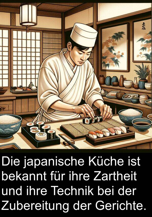 japanische: Die japanische Küche ist bekannt für ihre Zartheit und ihre Technik bei der Zubereitung der Gerichte.