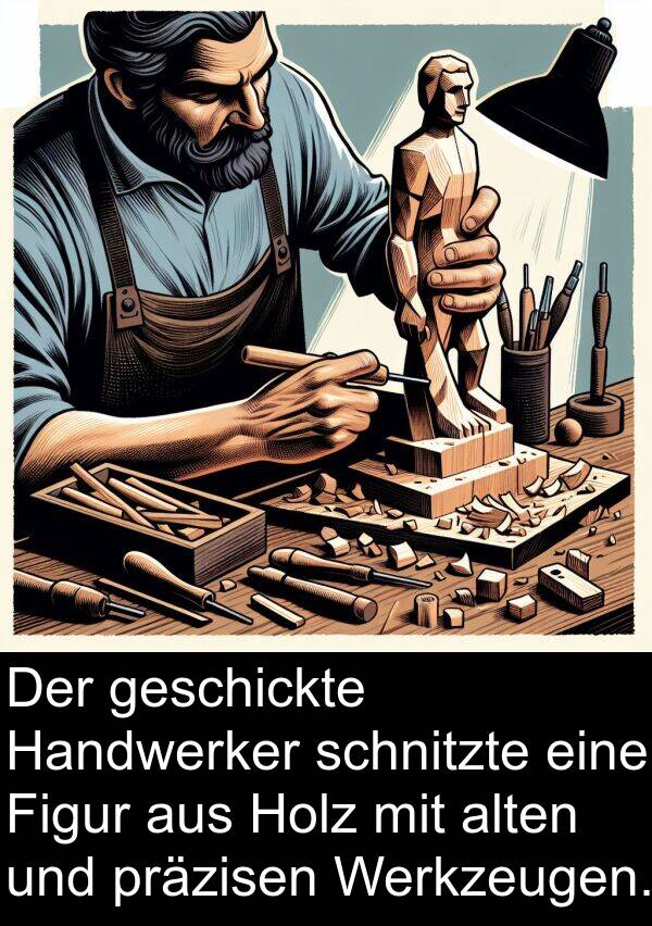 Figur: Der geschickte Handwerker schnitzte eine Figur aus Holz mit alten und präzisen Werkzeugen.