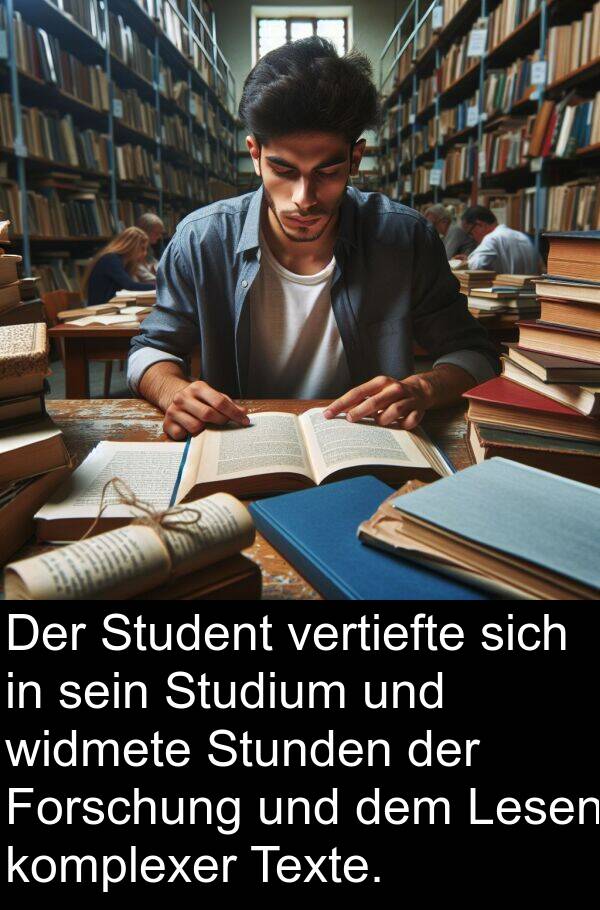 Forschung: Der Student vertiefte sich in sein Studium und widmete Stunden der Forschung und dem Lesen komplexer Texte.