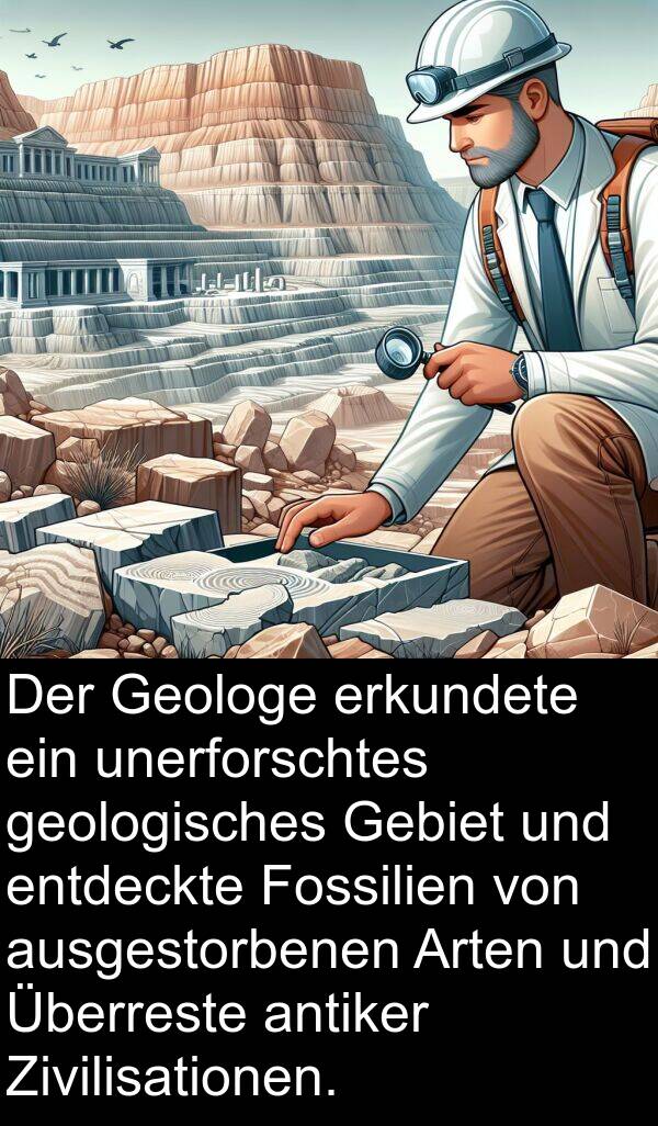 Zivilisationen: Der Geologe erkundete ein unerforschtes geologisches Gebiet und entdeckte Fossilien von ausgestorbenen Arten und Überreste antiker Zivilisationen.