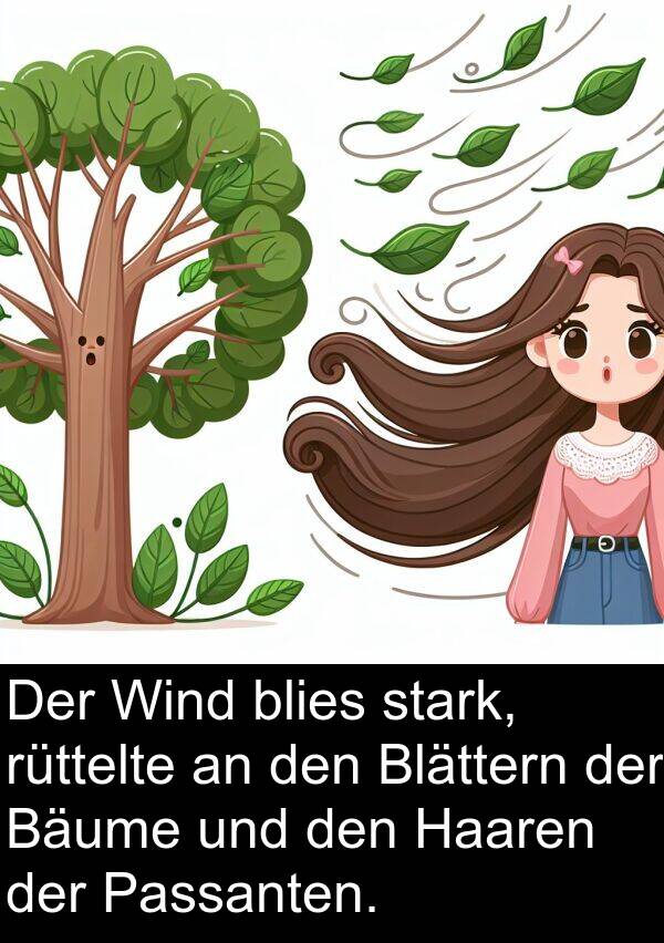 Passanten: Der Wind blies stark, rüttelte an den Blättern der Bäume und den Haaren der Passanten.