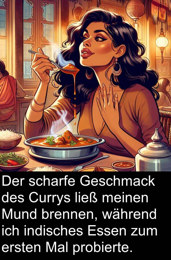 Mal: Der scharfe Geschmack des Currys ließ meinen Mund brennen, während ich indisches Essen zum ersten Mal probierte.