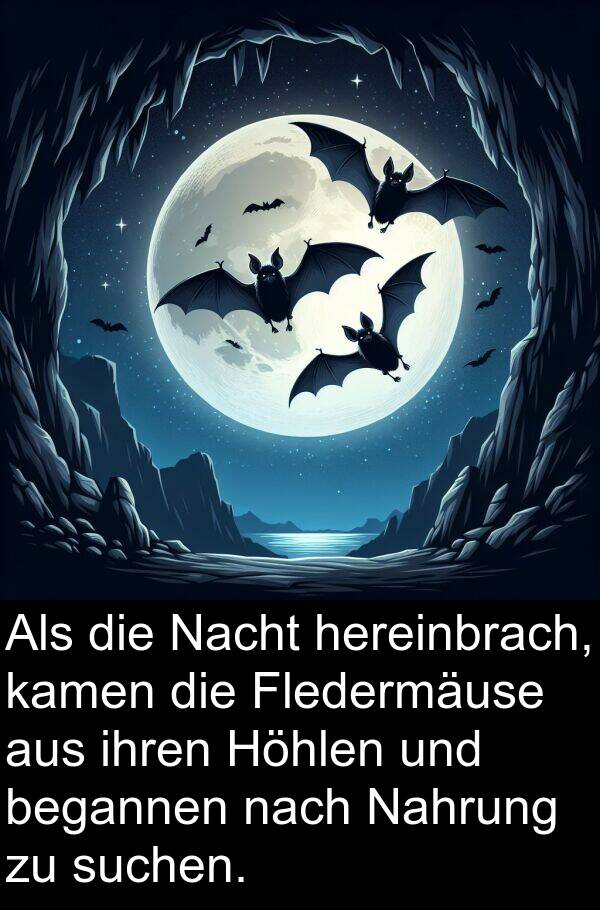 kamen: Als die Nacht hereinbrach, kamen die Fledermäuse aus ihren Höhlen und begannen nach Nahrung zu suchen.