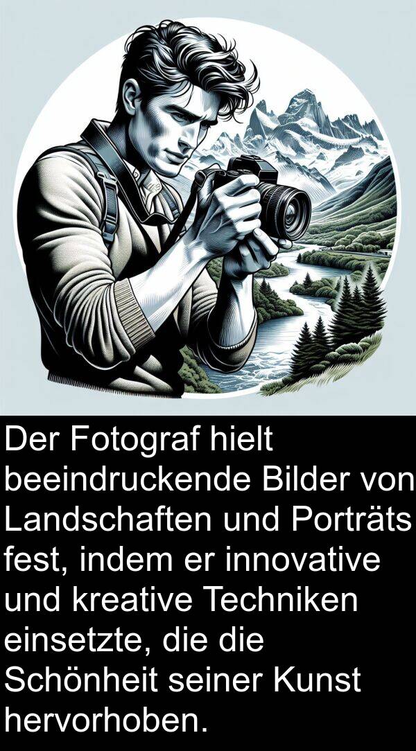 indem: Der Fotograf hielt beeindruckende Bilder von Landschaften und Porträts fest, indem er innovative und kreative Techniken einsetzte, die die Schönheit seiner Kunst hervorhoben.