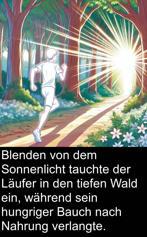 tauchte: Blenden von dem Sonnenlicht tauchte der Läufer in den tiefen Wald ein, während sein hungriger Bauch nach Nahrung verlangte.