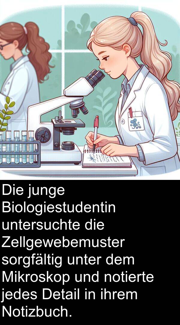 Zellgewebemuster: Die junge Biologiestudentin untersuchte die Zellgewebemuster sorgfältig unter dem Mikroskop und notierte jedes Detail in ihrem Notizbuch.