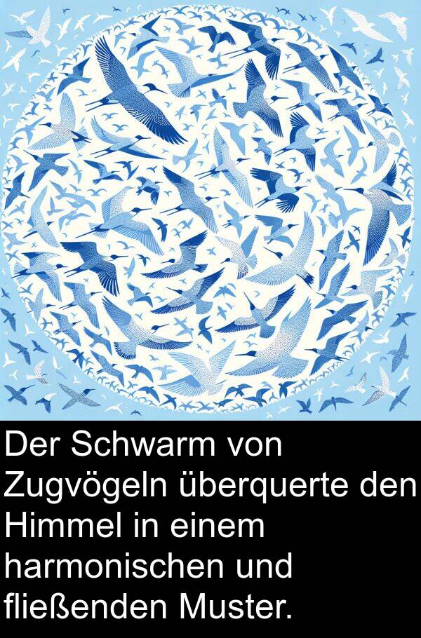 fließenden: Der Schwarm von Zugvögeln überquerte den Himmel in einem harmonischen und fließenden Muster.