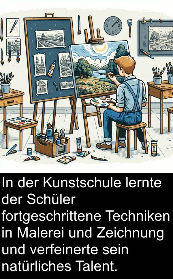 fortgeschrittene: In der Kunstschule lernte der Schüler fortgeschrittene Techniken in Malerei und Zeichnung und verfeinerte sein natürliches Talent.