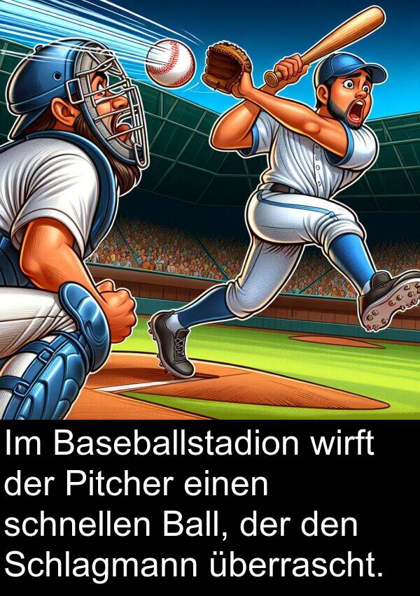 überrascht: Im Baseballstadion wirft der Pitcher einen schnellen Ball, der den Schlagmann überrascht.