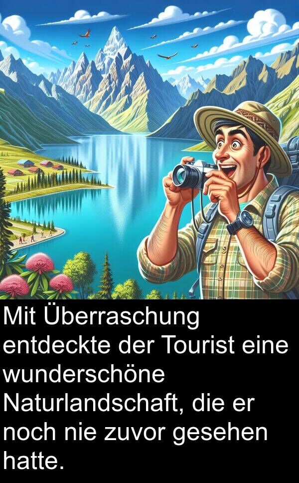 entdeckte: Mit Überraschung entdeckte der Tourist eine wunderschöne Naturlandschaft, die er noch nie zuvor gesehen hatte.