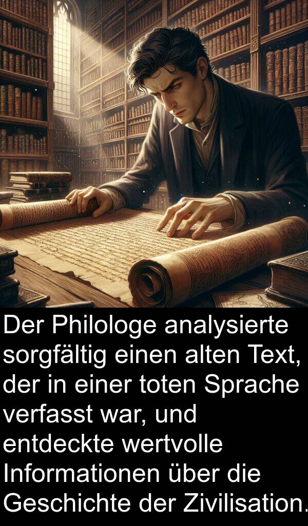 Text: Der Philologe analysierte sorgfältig einen alten Text, der in einer toten Sprache verfasst war, und entdeckte wertvolle Informationen über die Geschichte der Zivilisation.