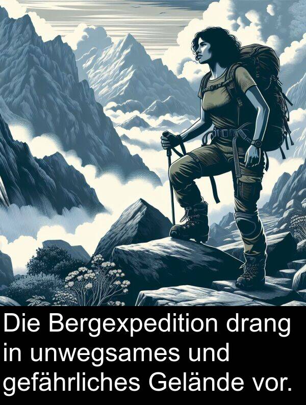 drang: Die Bergexpedition drang in unwegsames und gefährliches Gelände vor.