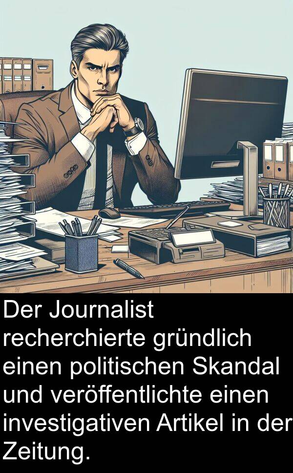 Artikel: Der Journalist recherchierte gründlich einen politischen Skandal und veröffentlichte einen investigativen Artikel in der Zeitung.