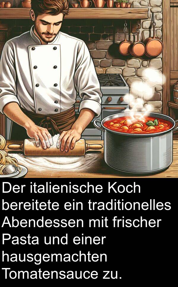 Tomatensauce: Der italienische Koch bereitete ein traditionelles Abendessen mit frischer Pasta und einer hausgemachten Tomatensauce zu.