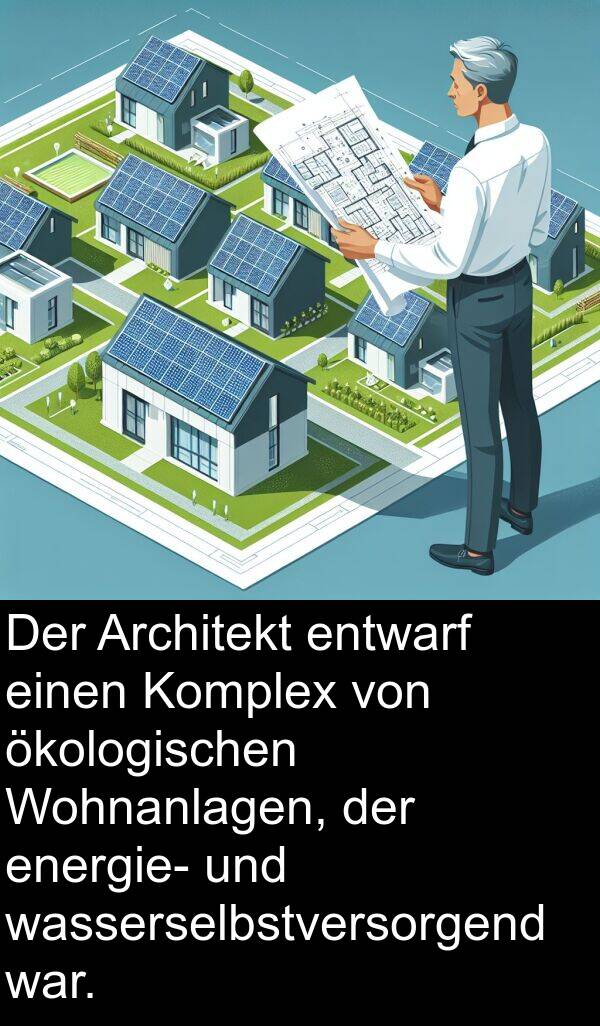 entwarf: Der Architekt entwarf einen Komplex von ökologischen Wohnanlagen, der energie- und wasserselbstversorgend war.