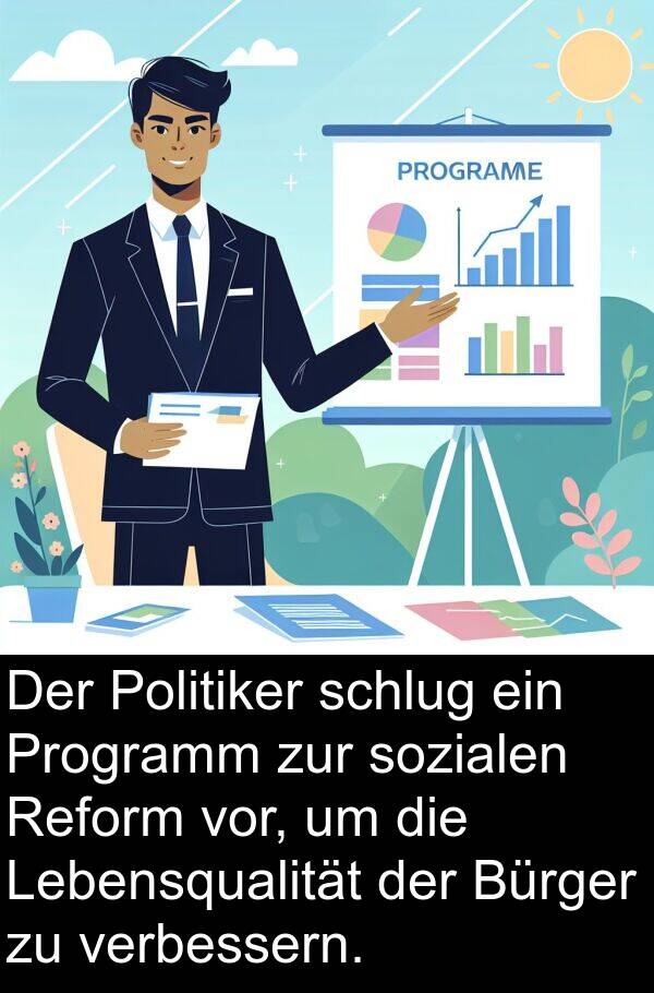 Reform: Der Politiker schlug ein Programm zur sozialen Reform vor, um die Lebensqualität der Bürger zu verbessern.