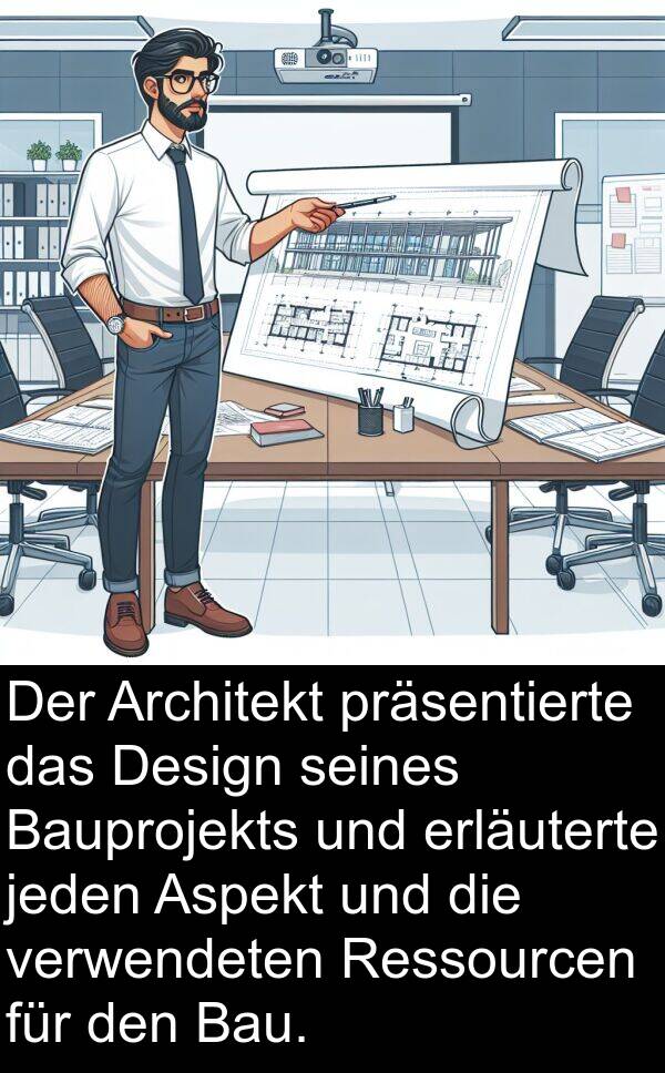 jeden: Der Architekt präsentierte das Design seines Bauprojekts und erläuterte jeden Aspekt und die verwendeten Ressourcen für den Bau.