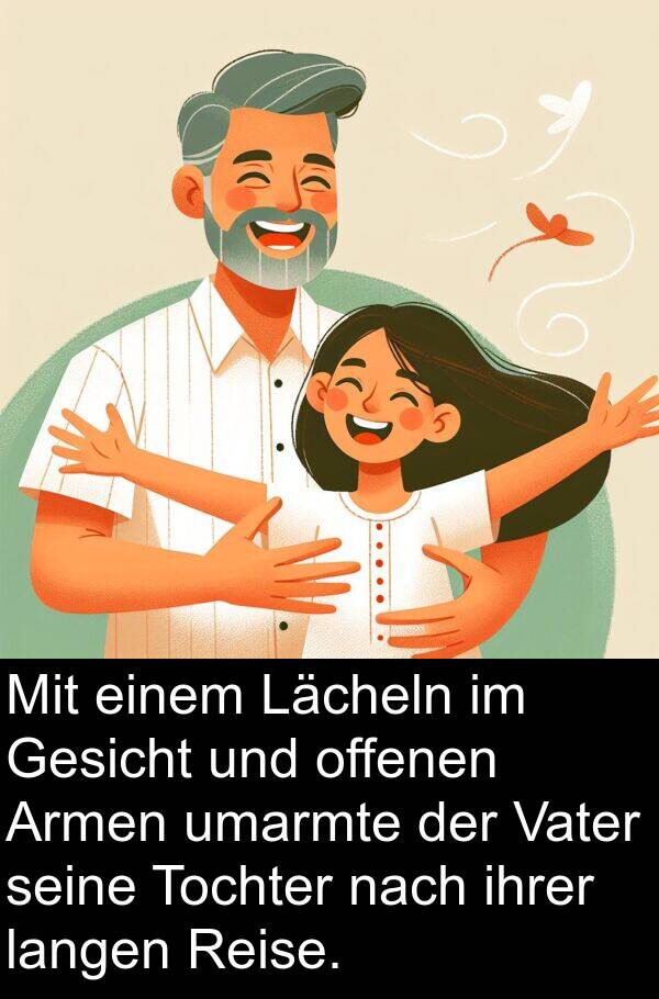 offenen: Mit einem Lächeln im Gesicht und offenen Armen umarmte der Vater seine Tochter nach ihrer langen Reise.