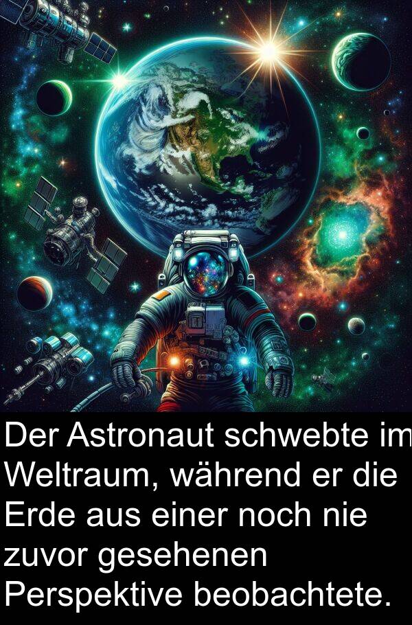 Perspektive: Der Astronaut schwebte im Weltraum, während er die Erde aus einer noch nie zuvor gesehenen Perspektive beobachtete.