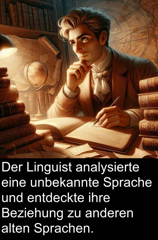 entdeckte: Der Linguist analysierte eine unbekannte Sprache und entdeckte ihre Beziehung zu anderen alten Sprachen.