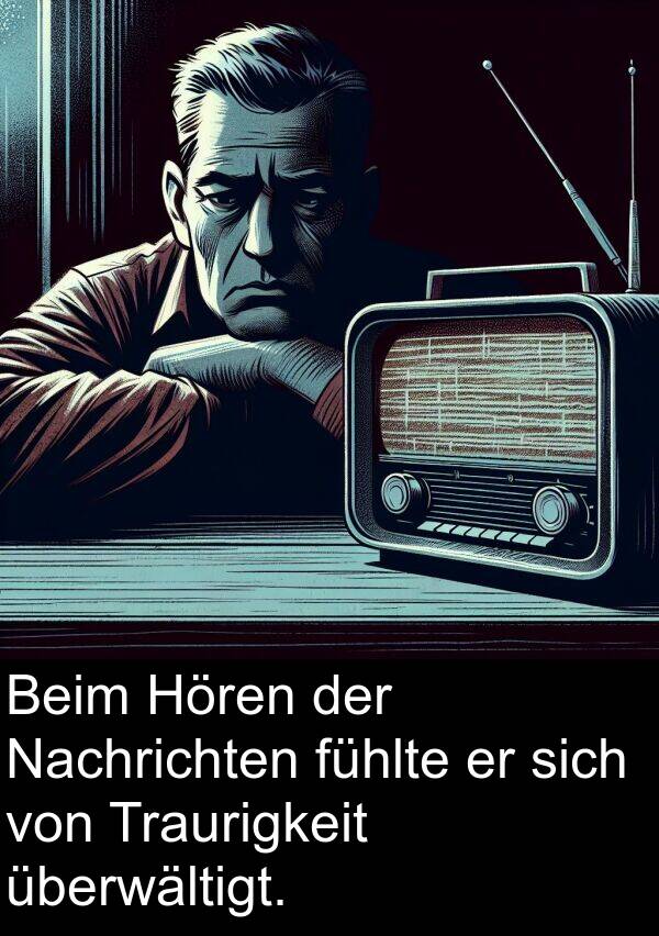 überwältigt: Beim Hören der Nachrichten fühlte er sich von Traurigkeit überwältigt.