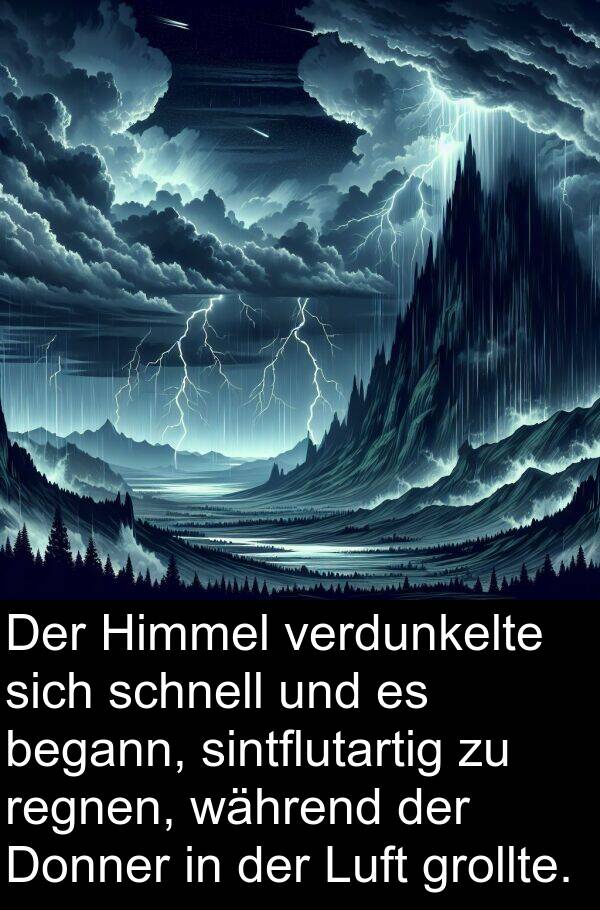 grollte: Der Himmel verdunkelte sich schnell und es begann, sintflutartig zu regnen, während der Donner in der Luft grollte.