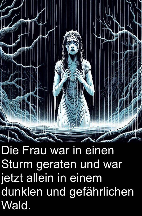 Frau: Die Frau war in einen Sturm geraten und war jetzt allein in einem dunklen und gefährlichen Wald.