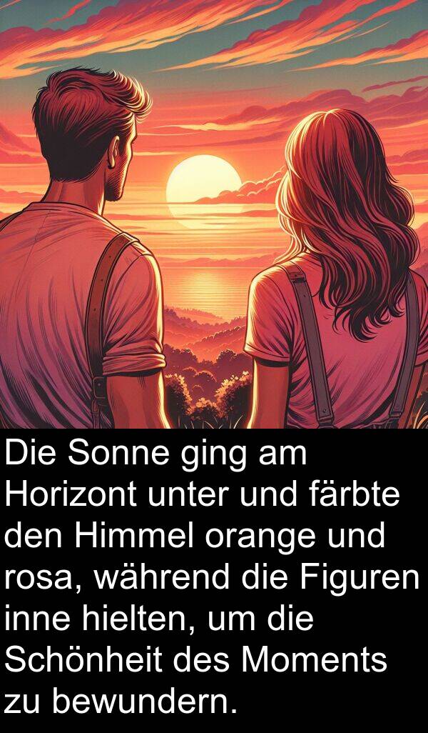 orange: Die Sonne ging am Horizont unter und färbte den Himmel orange und rosa, während die Figuren inne hielten, um die Schönheit des Moments zu bewundern.