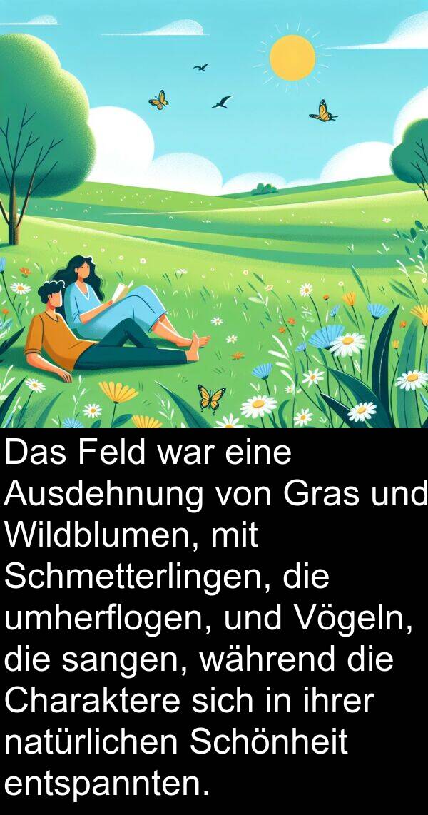 natürlichen: Das Feld war eine Ausdehnung von Gras und Wildblumen, mit Schmetterlingen, die umherflogen, und Vögeln, die sangen, während die Charaktere sich in ihrer natürlichen Schönheit entspannten.