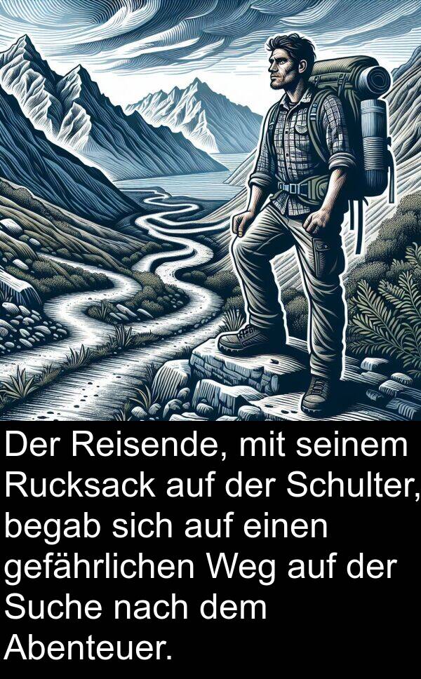 gefährlichen: Der Reisende, mit seinem Rucksack auf der Schulter, begab sich auf einen gefährlichen Weg auf der Suche nach dem Abenteuer.