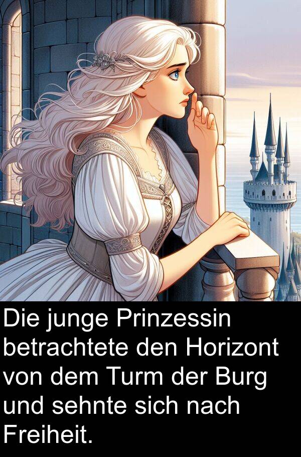 junge: Die junge Prinzessin betrachtete den Horizont von dem Turm der Burg und sehnte sich nach Freiheit.