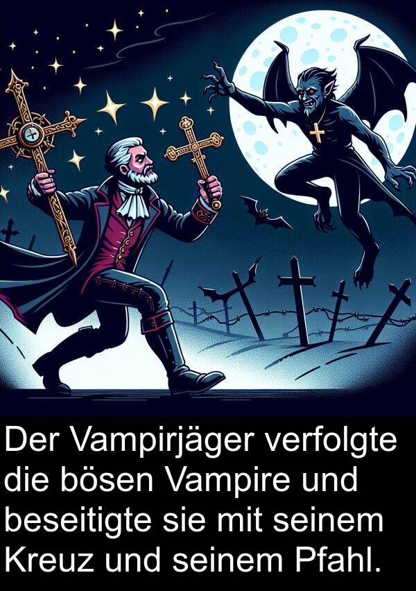 Vampire: Der Vampirjäger verfolgte die bösen Vampire und beseitigte sie mit seinem Kreuz und seinem Pfahl.