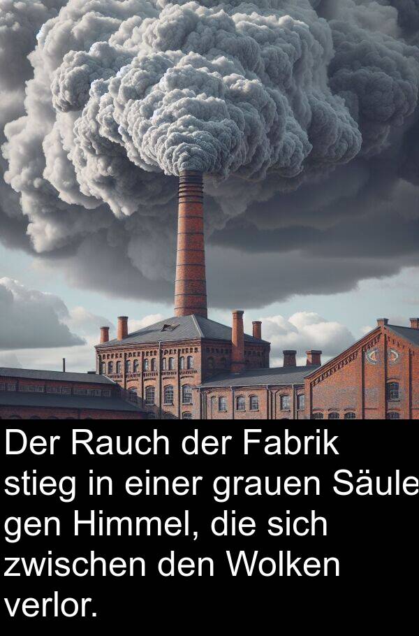 Himmel: Der Rauch der Fabrik stieg in einer grauen Säule gen Himmel, die sich zwischen den Wolken verlor.