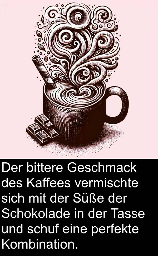 Tasse: Der bittere Geschmack des Kaffees vermischte sich mit der Süße der Schokolade in der Tasse und schuf eine perfekte Kombination.