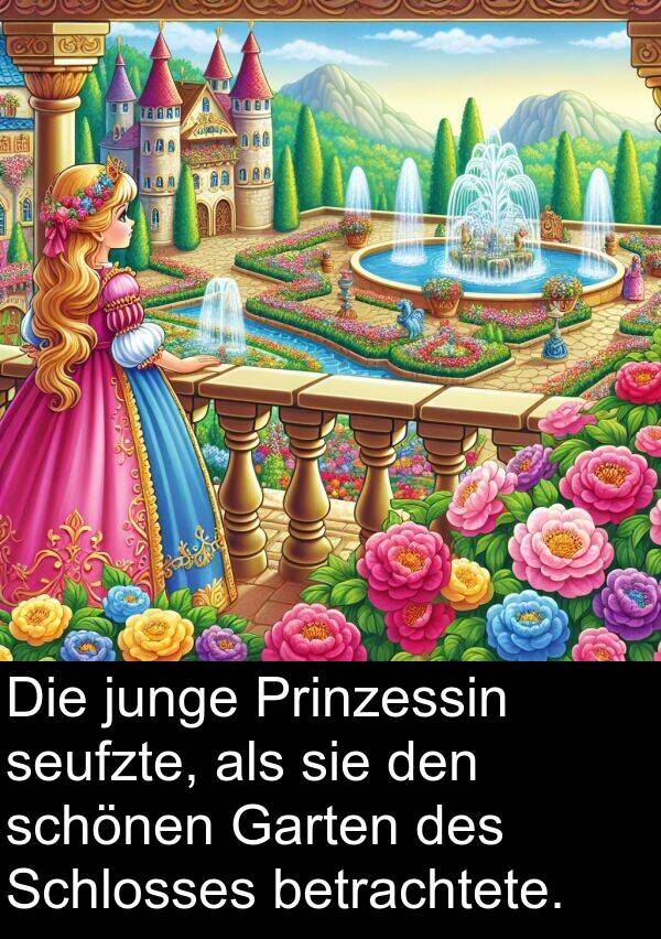 junge: Die junge Prinzessin seufzte, als sie den schönen Garten des Schlosses betrachtete.