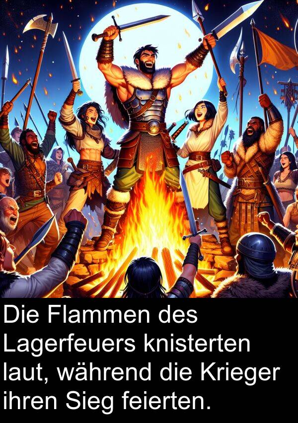 ihren: Die Flammen des Lagerfeuers knisterten laut, während die Krieger ihren Sieg feierten.