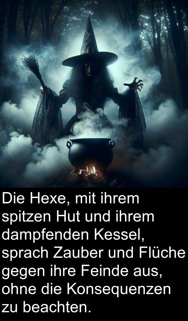 Kessel: Die Hexe, mit ihrem spitzen Hut und ihrem dampfenden Kessel, sprach Zauber und Flüche gegen ihre Feinde aus, ohne die Konsequenzen zu beachten.