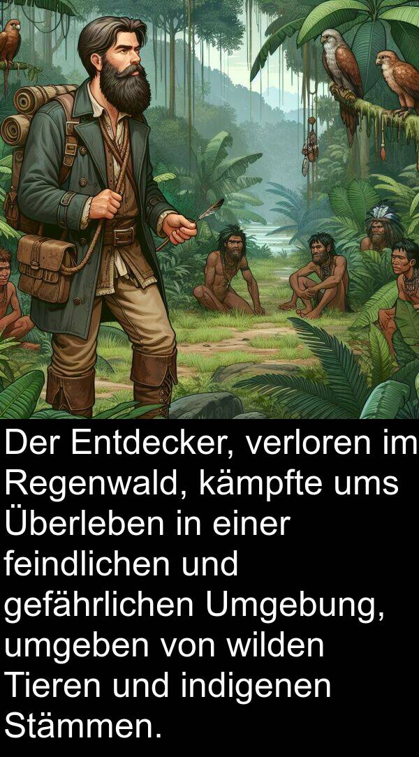 kämpfte: Der Entdecker, verloren im Regenwald, kämpfte ums Überleben in einer feindlichen und gefährlichen Umgebung, umgeben von wilden Tieren und indigenen Stämmen.