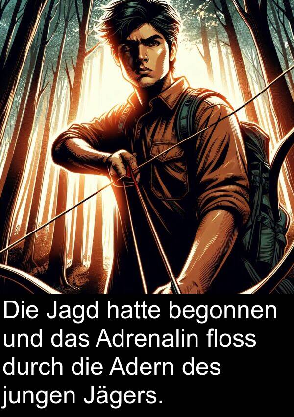 floss: Die Jagd hatte begonnen und das Adrenalin floss durch die Adern des jungen Jägers.