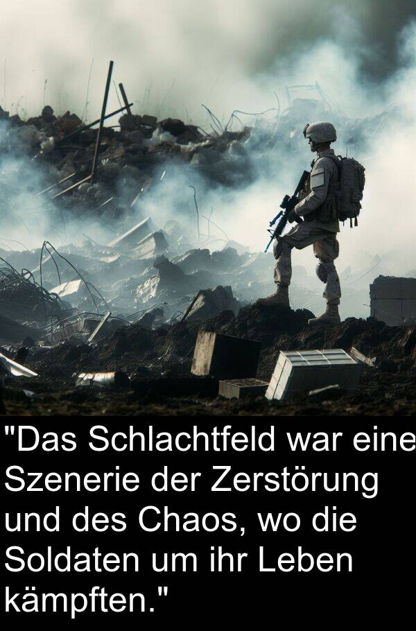 kämpften: "Das Schlachtfeld war eine Szenerie der Zerstörung und des Chaos, wo die Soldaten um ihr Leben kämpften."