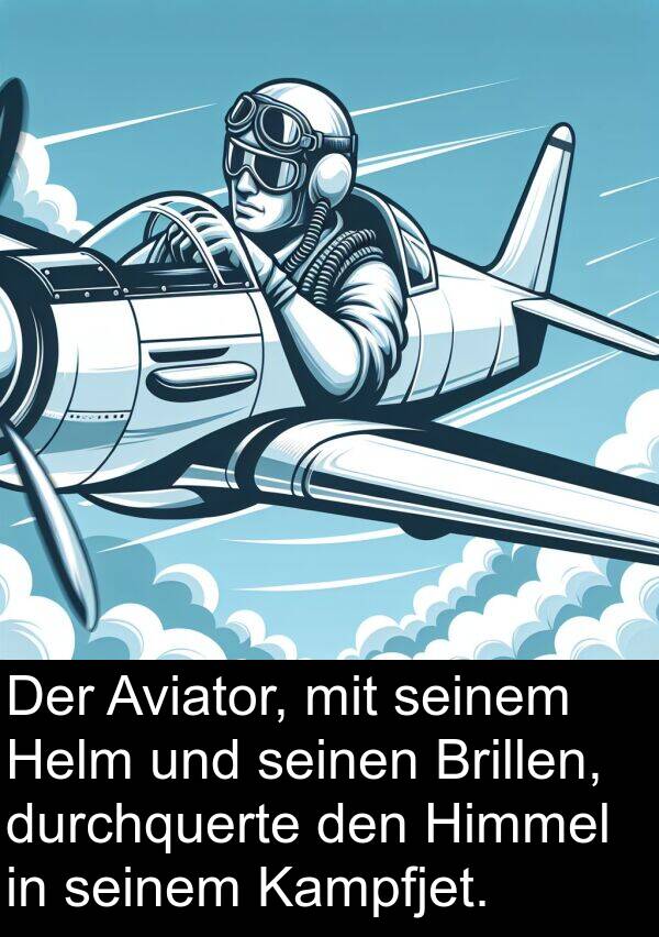 Himmel: Der Aviator, mit seinem Helm und seinen Brillen, durchquerte den Himmel in seinem Kampfjet.