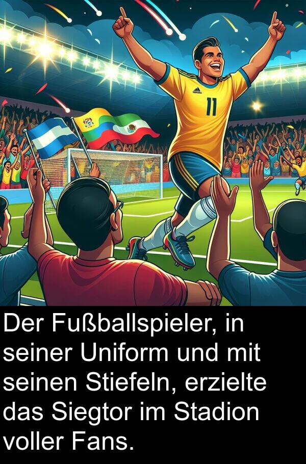 Fans: Der Fußballspieler, in seiner Uniform und mit seinen Stiefeln, erzielte das Siegtor im Stadion voller Fans.