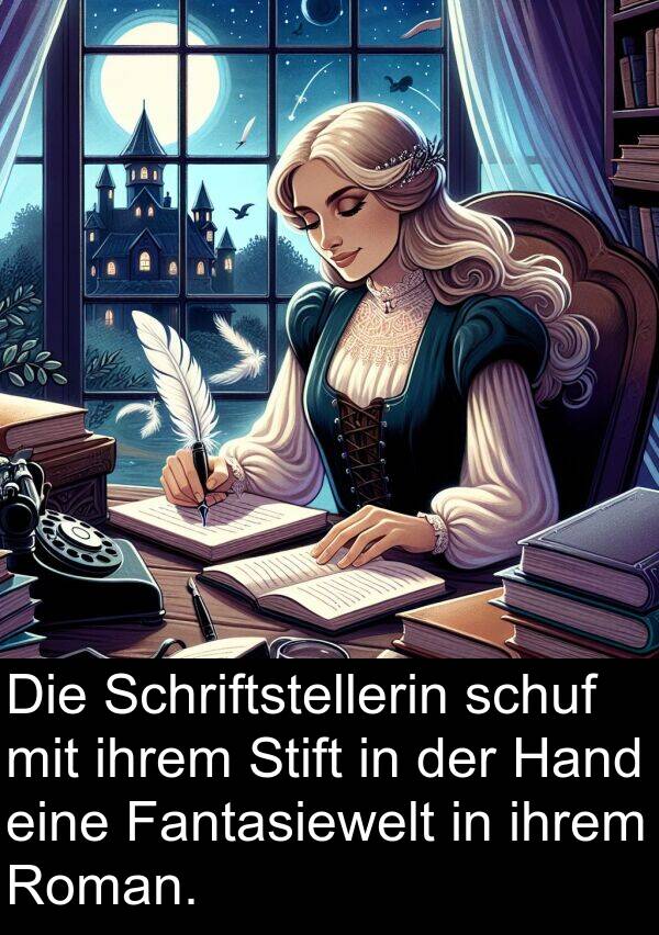 Fantasiewelt: Die Schriftstellerin schuf mit ihrem Stift in der Hand eine Fantasiewelt in ihrem Roman.