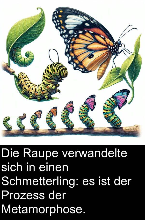 verwandelte: Die Raupe verwandelte sich in einen Schmetterling: es ist der Prozess der Metamorphose.