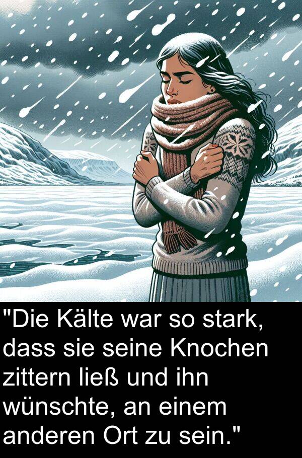 Kälte: "Die Kälte war so stark, dass sie seine Knochen zittern ließ und ihn wünschte, an einem anderen Ort zu sein."