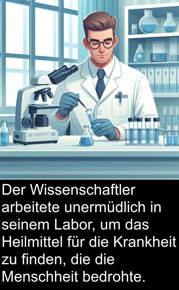 finden: Der Wissenschaftler arbeitete unermüdlich in seinem Labor, um das Heilmittel für die Krankheit zu finden, die die Menschheit bedrohte.