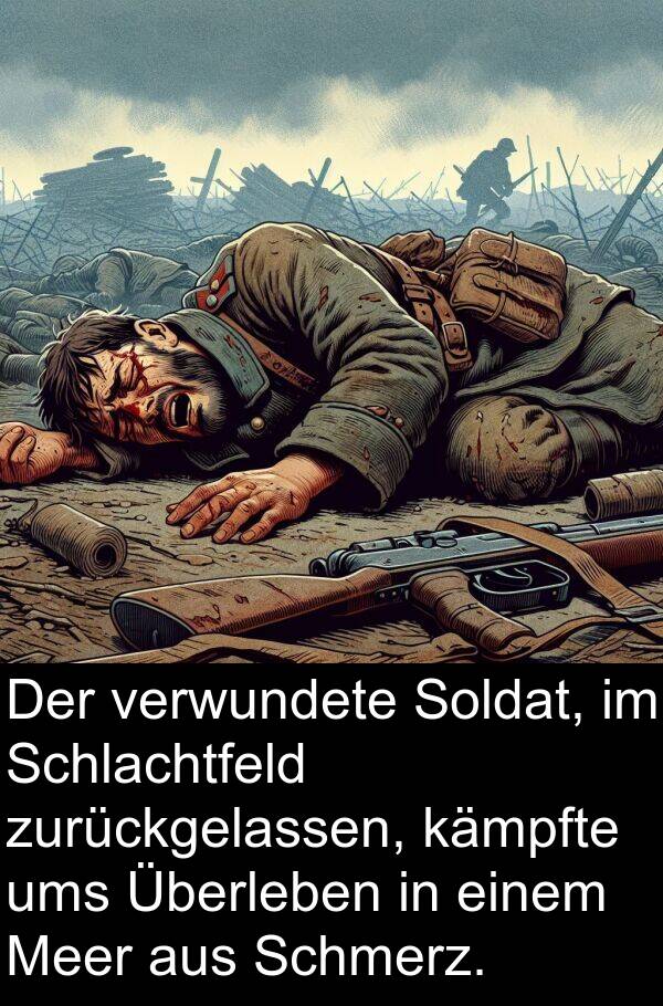 kämpfte: Der verwundete Soldat, im Schlachtfeld zurückgelassen, kämpfte ums Überleben in einem Meer aus Schmerz.