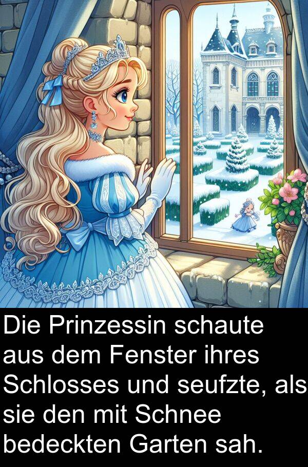 ihres: Die Prinzessin schaute aus dem Fenster ihres Schlosses und seufzte, als sie den mit Schnee bedeckten Garten sah.